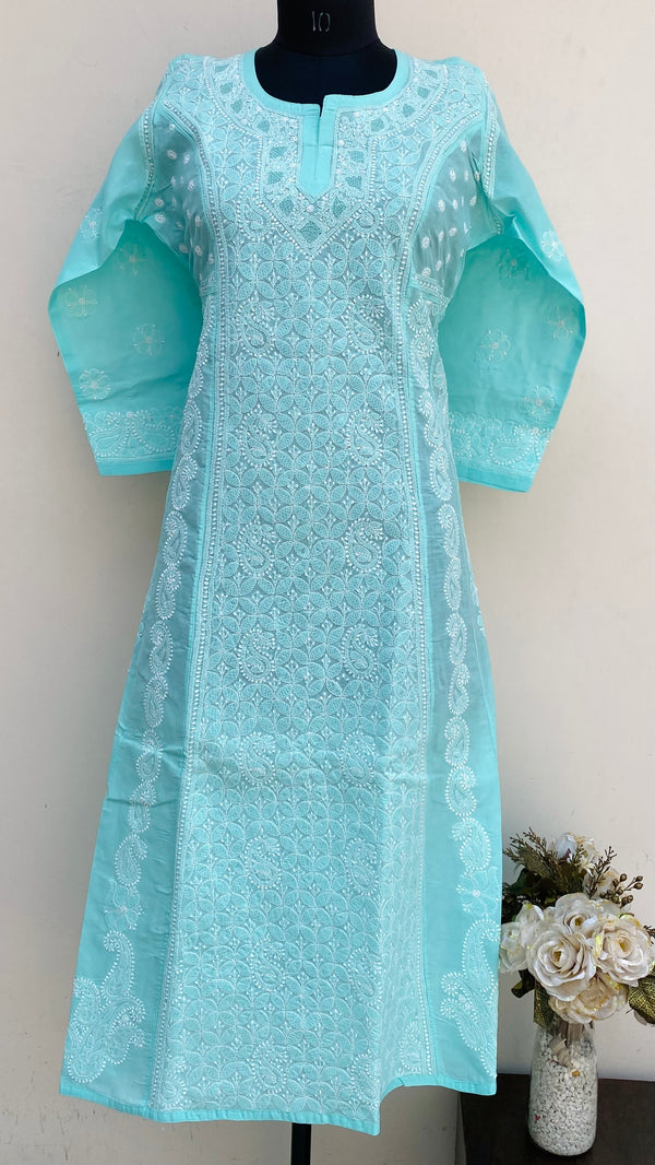 Lucknowi Chikankari Anarkali Kurti Sea Green Cotton With Jaali Work