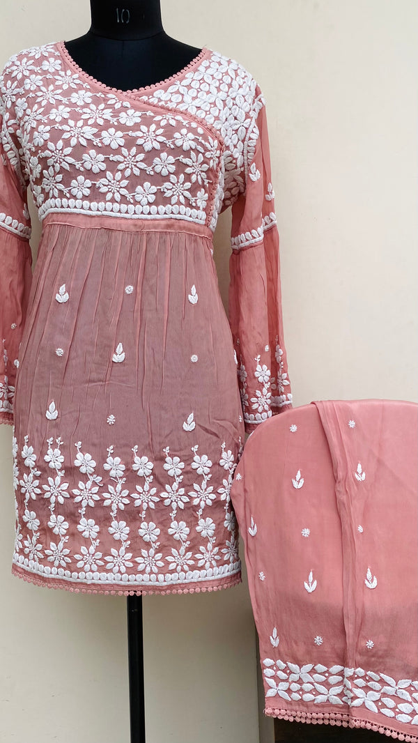 Lucknowi Chikankari Co-ord Set Rose Pink Organza