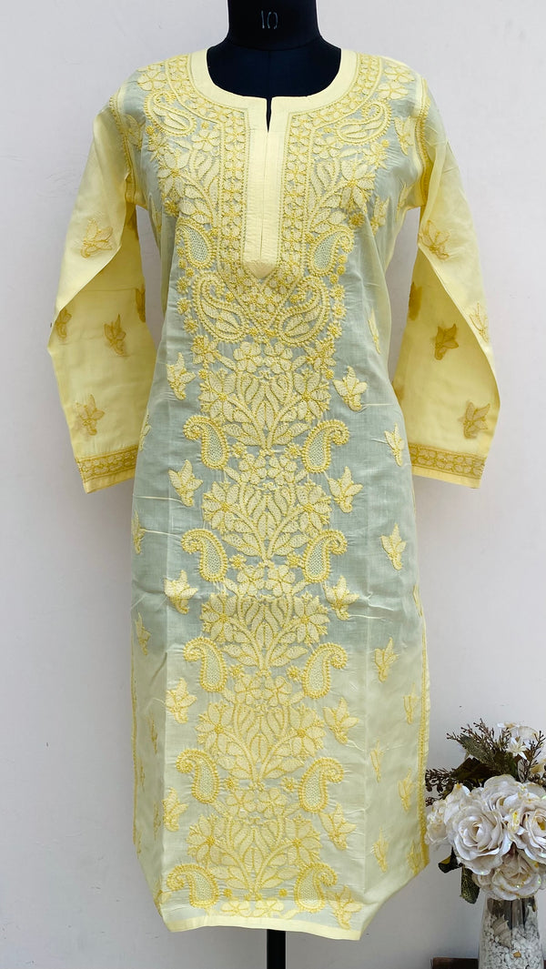 Lucknowi Chikankari Kurti Yellow Cotton With Jaali Work