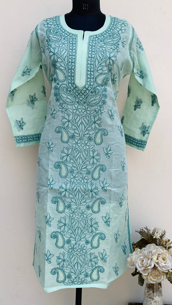 Lucknowi Chikankari Kurti Green Cotton With Jaali Work