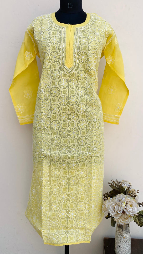 Lucknowi Chikankari Kurti Yellow Cotton With Jaali Work