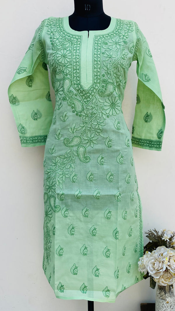 Lucknowi Chikankari Kurti Green Cotton With Jaali Work