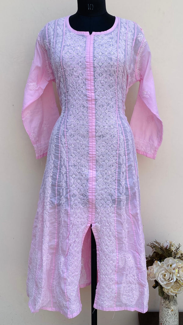 Lucknowi Chikankari Anarkali Kurti Pink Cotton
