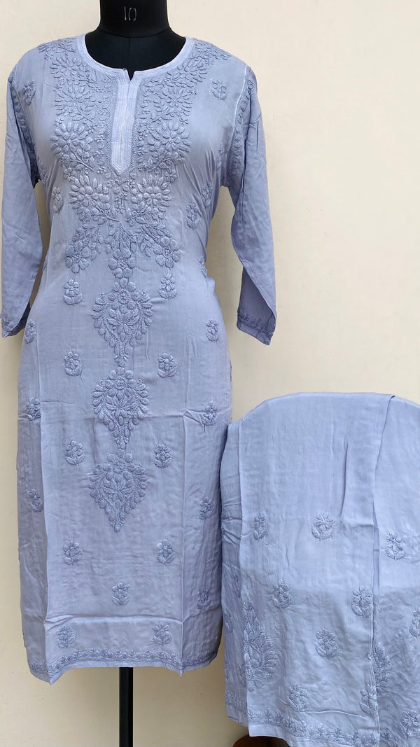 Lucknowi Chikankari Co-ord Set Gray Mulmul Cotton With Self Work