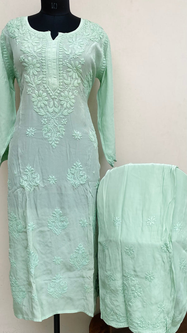 Lucknowi Chikankari Co-ord Set Green Organza With Self Work