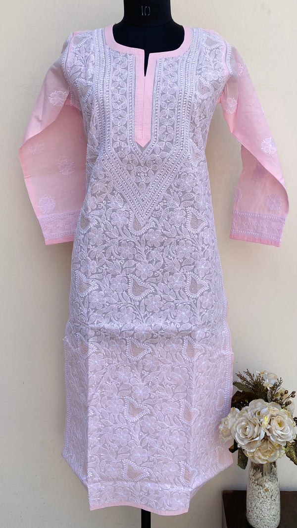 Lucknowi Chikankari Kurti Pink Cotton With Jaali Work