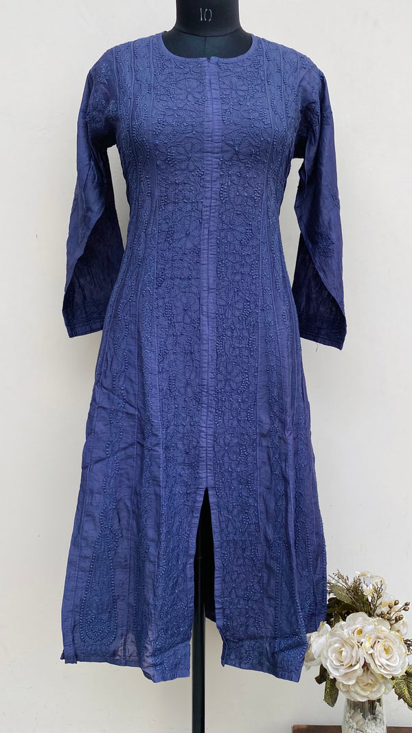 Lucknowi Chikankari Anarkali Navy Blue Mal Chanderi With Self Work