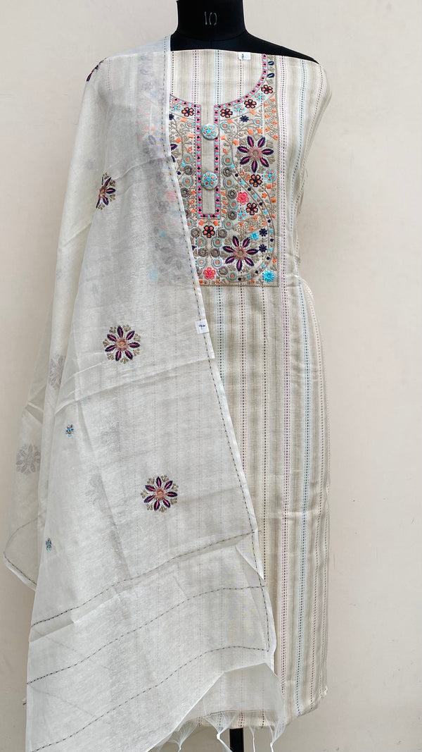 Designer Embroidered Suit Length 3 Piece Beige Linen