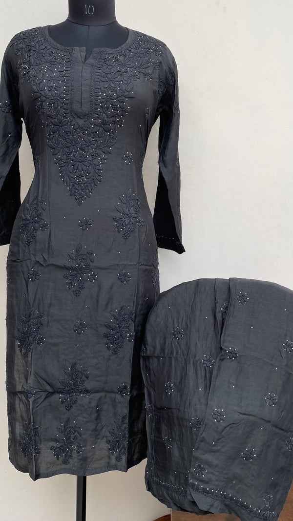 Lucknowi Chikankari Co-ord Set Black Muslin Cotton With Mukaish & Self Work