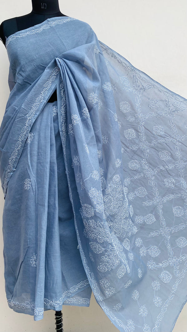 Lucknowi Chikankari Saree Gray Cotton