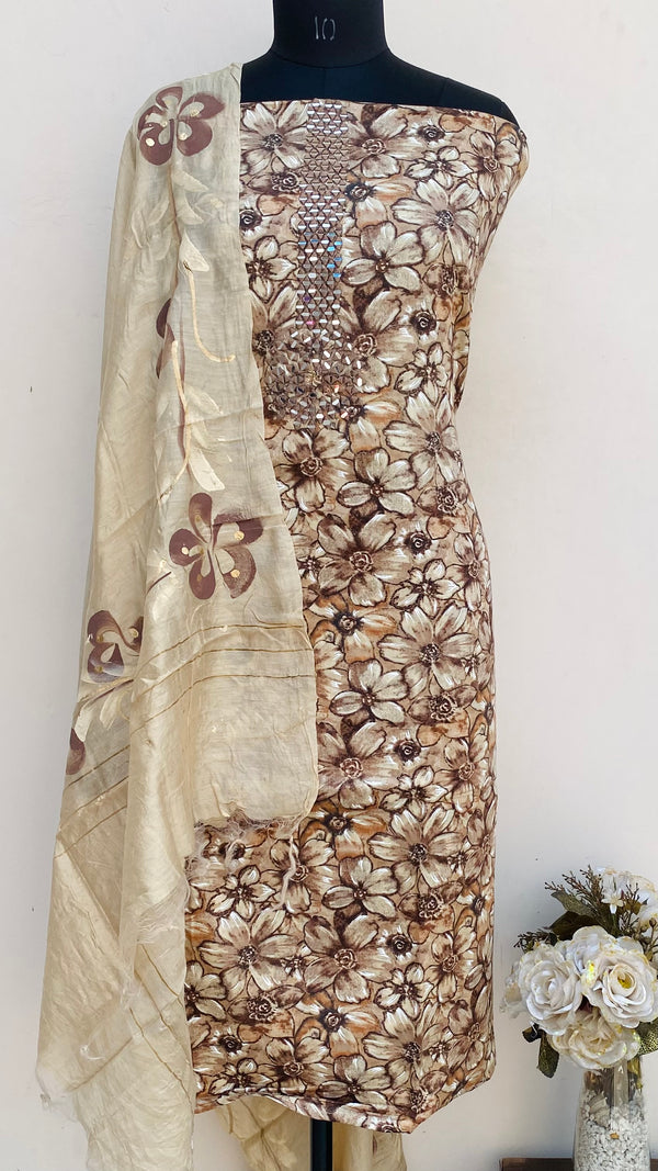 Designer Embroidered Suit Length 3 Piece Brown Mal Cotton With Mirror Work