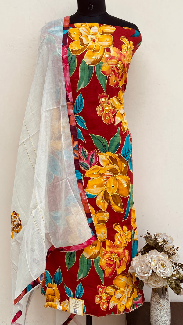 Designer Embroidered Suit Length 3 Piece Maroon Mal Cotton