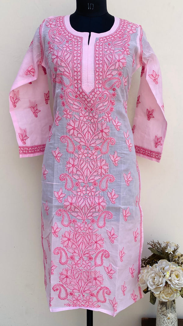 Lucknowi Chikankari Kurti Pink Cotton With Jaali Work