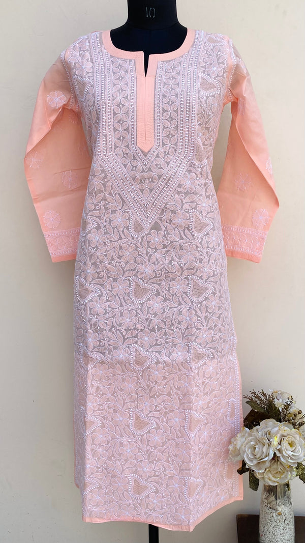 Lucknowi Chikankari Kurti Peach Cotton With Jaali Work