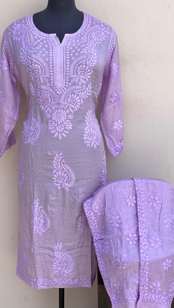 Lucknowi Chikankari Co-ord Set Purple Muslin Cotton With Self 3D Work