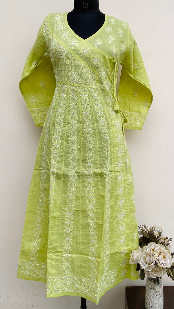 Lucknowi Chikankari Angrakha Parrot Green Cotton