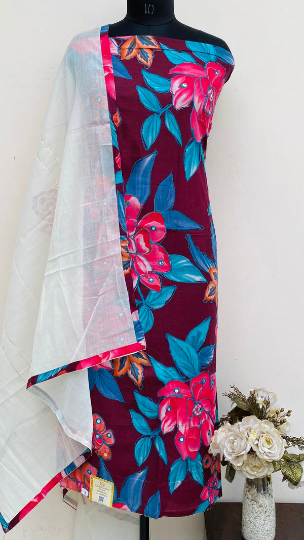 Designer Embroidered Suit Length 3 Piece Maroon Mal Cotton