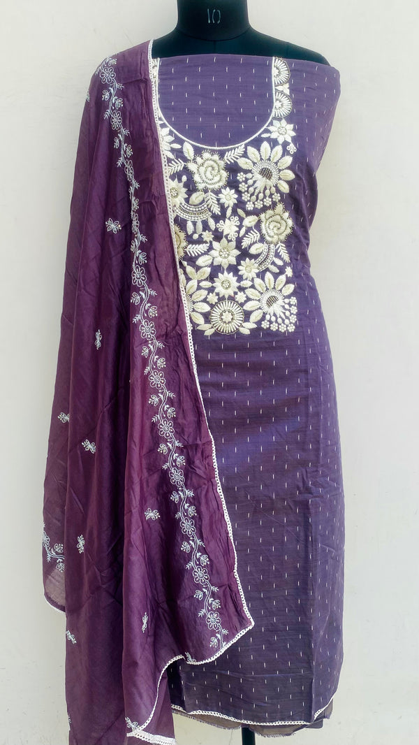 Designer Embroidered Suit Length 3 Piece Wine Mal Chanderi With Cutdana Work