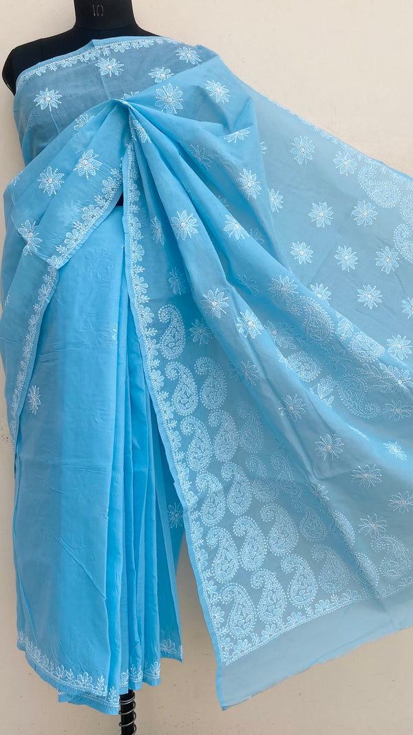 Lucknowi Chikankari Saree Blue Cotton