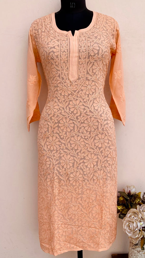 Lucknowi Chikankari Kurti Peach Pure Georgette With Resham & Self Work