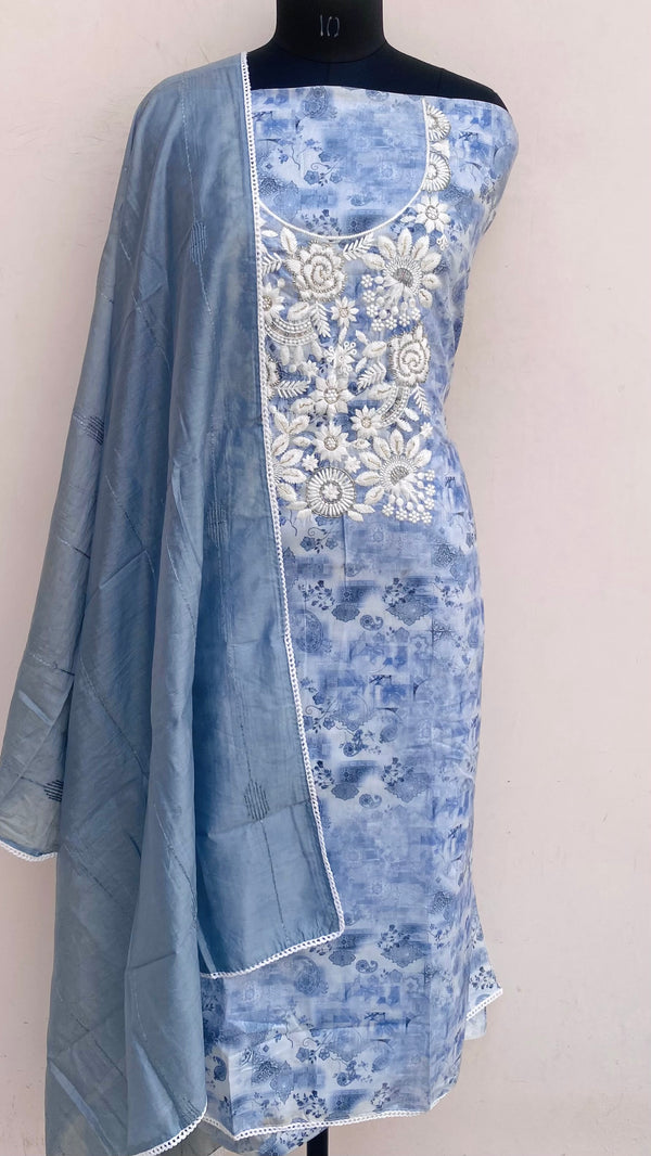 Designer Embroidered Suit Length 3 Piece Blue Muslin Cotton With Cutdana Work