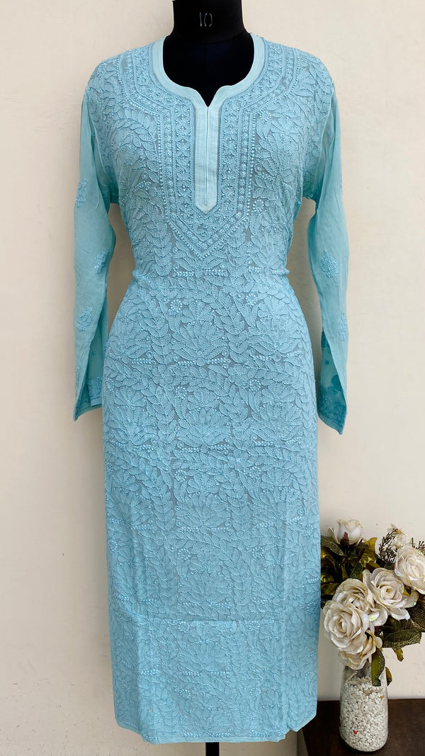 Lucknowi Chikankari Kurti Powder Blue Pure Georgette With Self Work