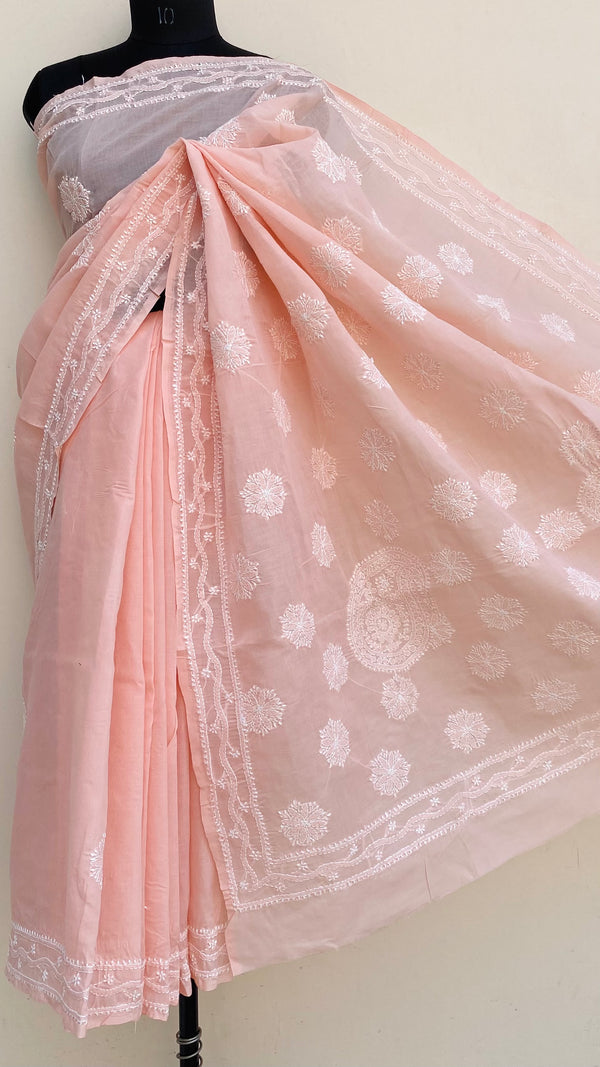 Lucknowi Chikankari Saree Peach Cotton
