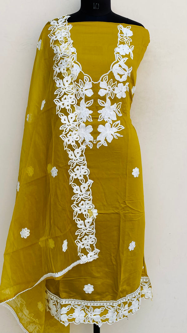 Designer Embroidered Suit Length 3 Piece Yellow Mal Chanderi