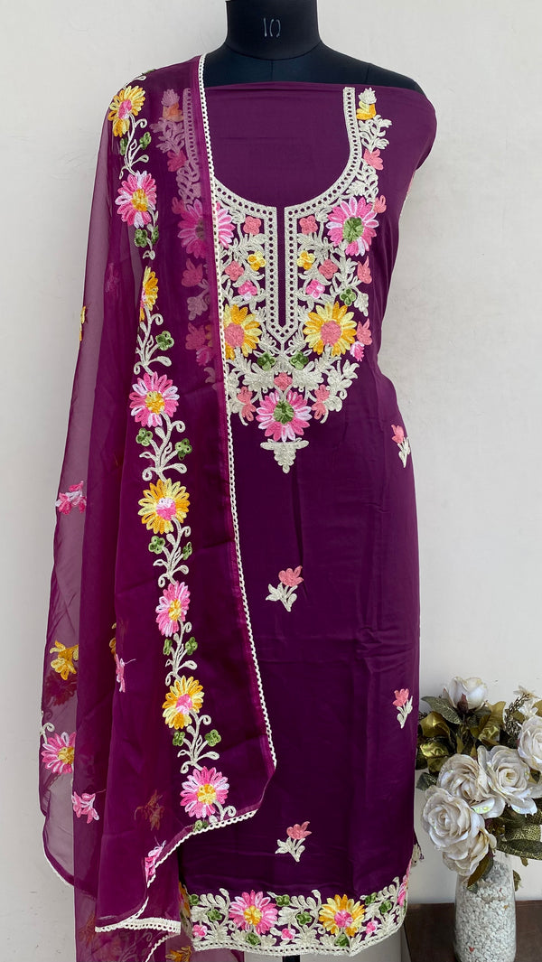 Designer Embroidered Suit Length 3 Piece Wine Mal Chanderi