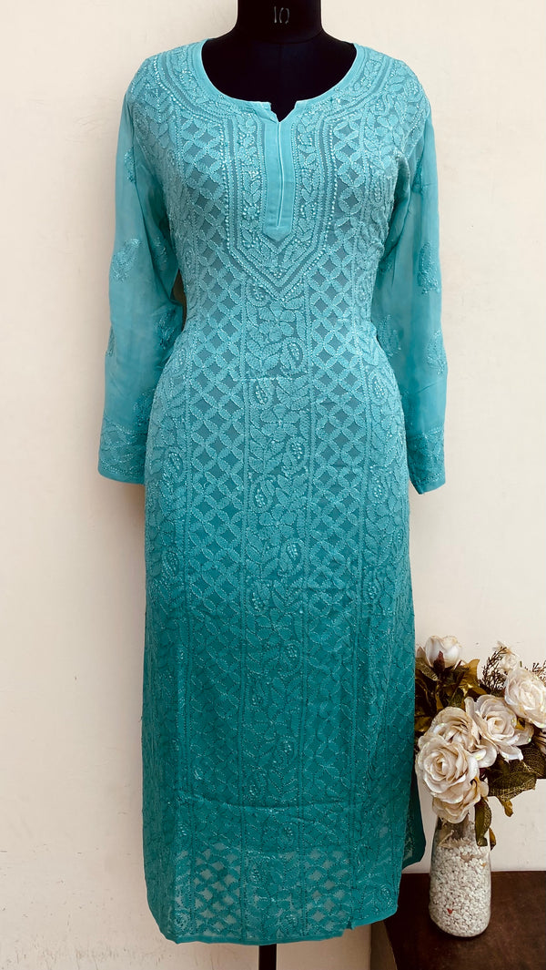 Lucknowi Chikankari Ombre Kurti Green Pure Georgette With Resham Work