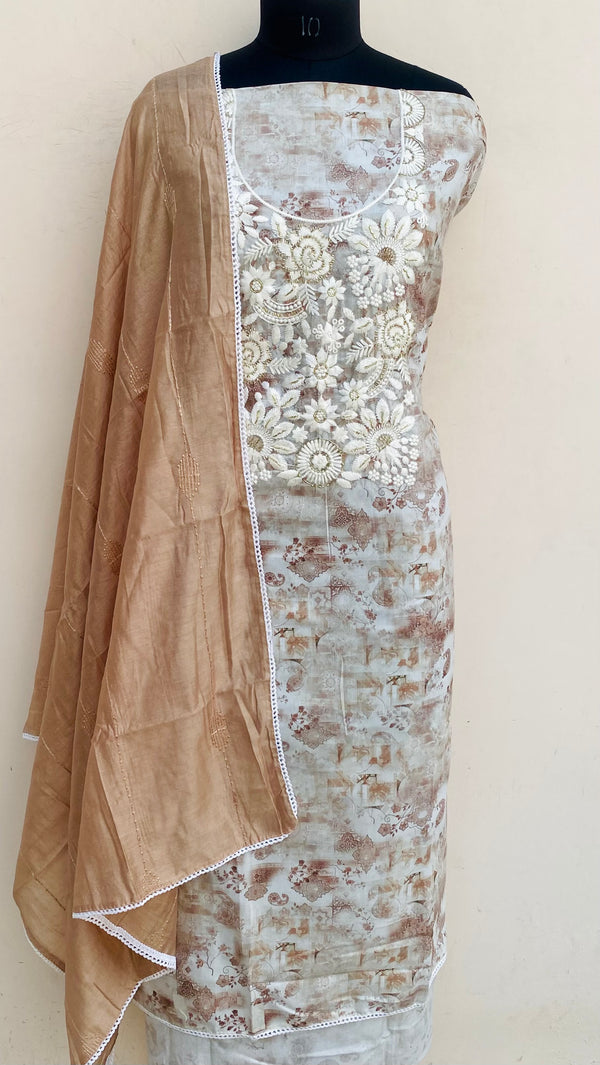 Designer Embroidered Suit Length 3 Piece Beige Muslin Cotton With Cutdana Work
