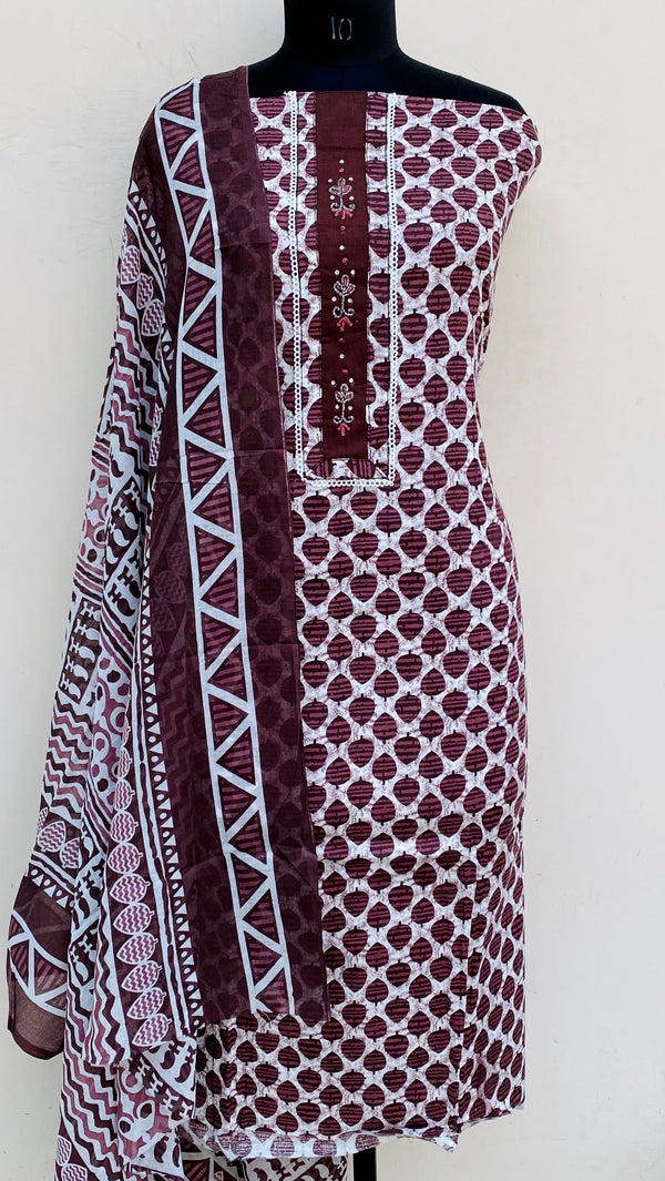 Designer Embroidered Suit Length 3 Piece Brown Mal Cotton With Cutdana Work