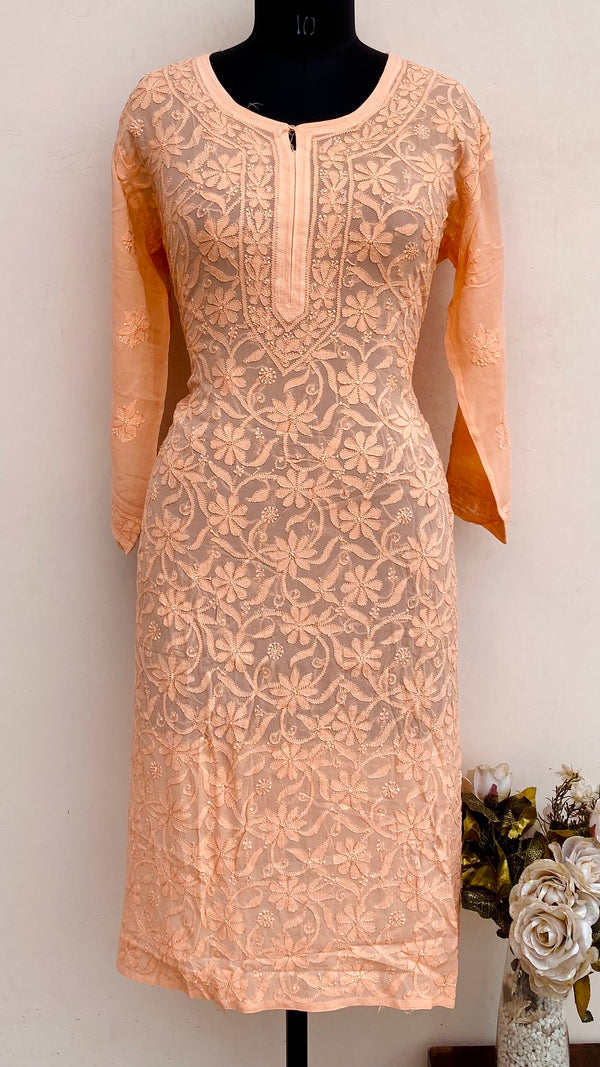 Lucknowi Chikankari Kurti Peach Pure Georgette With Resham & Self Work