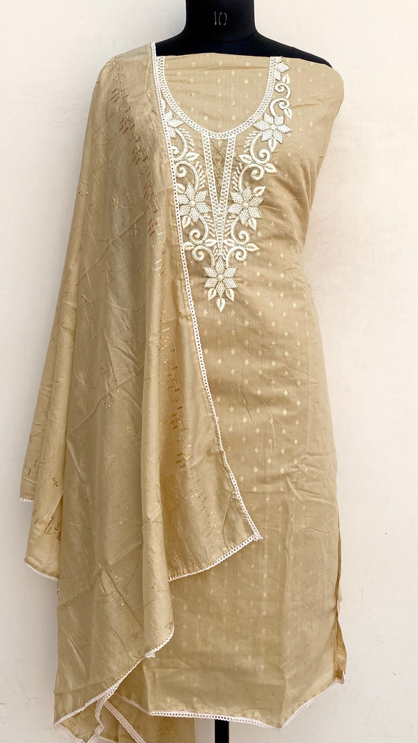 Designer Embroidered Suit Length 3 Piece Beige Mal Chanderi With Cutdana Work