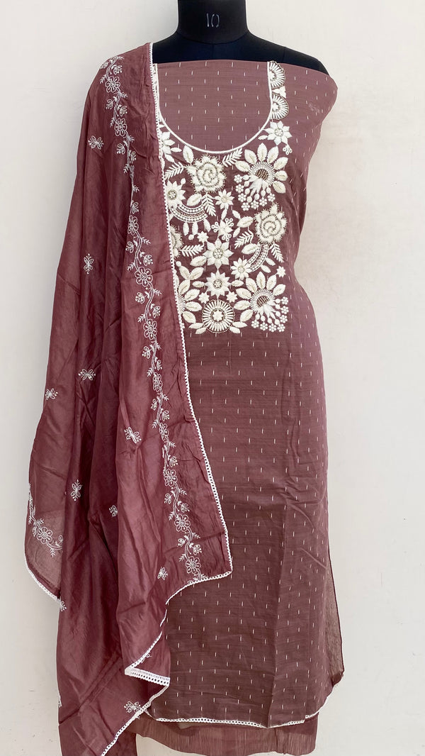 Designer Embroidered Suit Length 3 Piece Brown Mal Chanderi With Cutdana Work