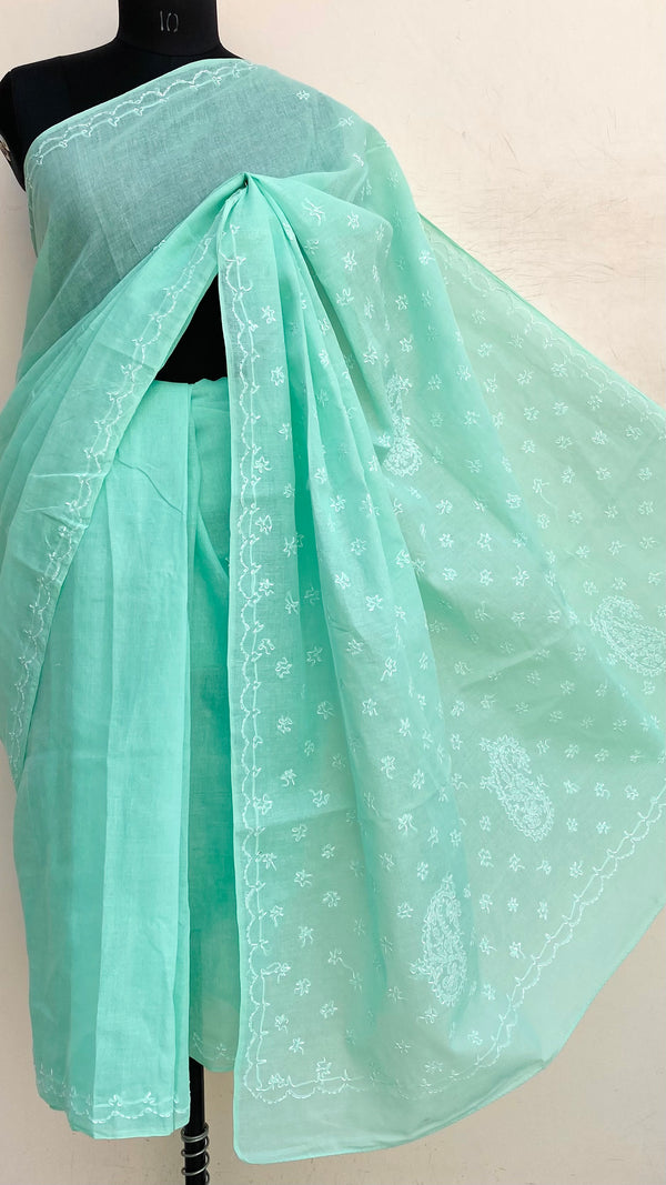 Lucknowi Chikankari Saree Sea Green Cotton