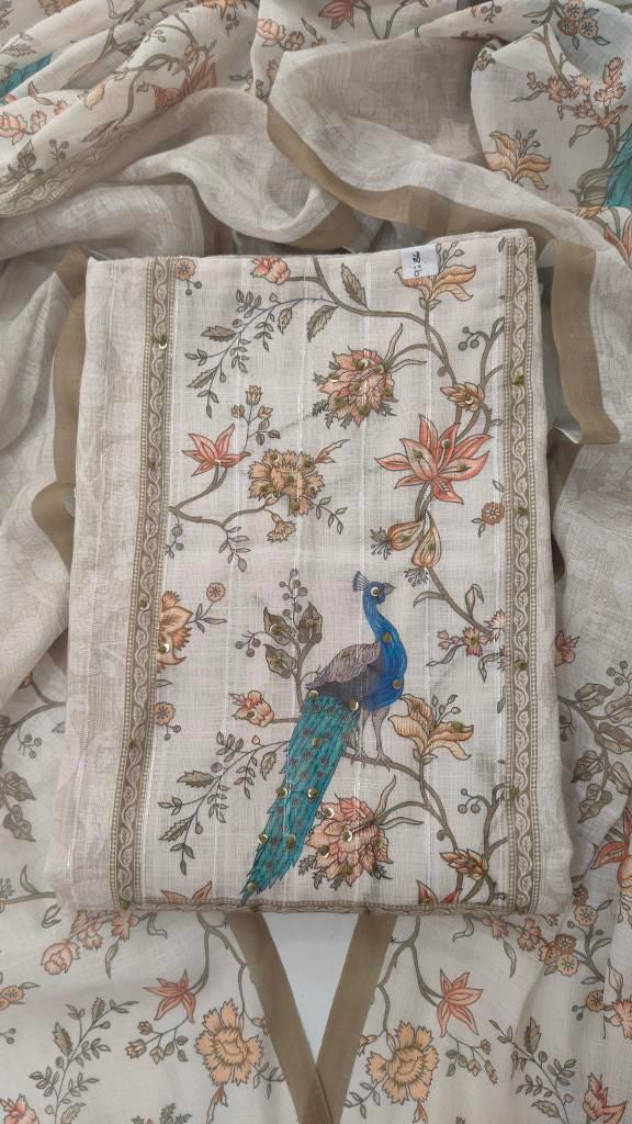 Designer Suit Length 3 Piece Mouse Colour Linen Cotton with Beautiful Peacock Motifs
