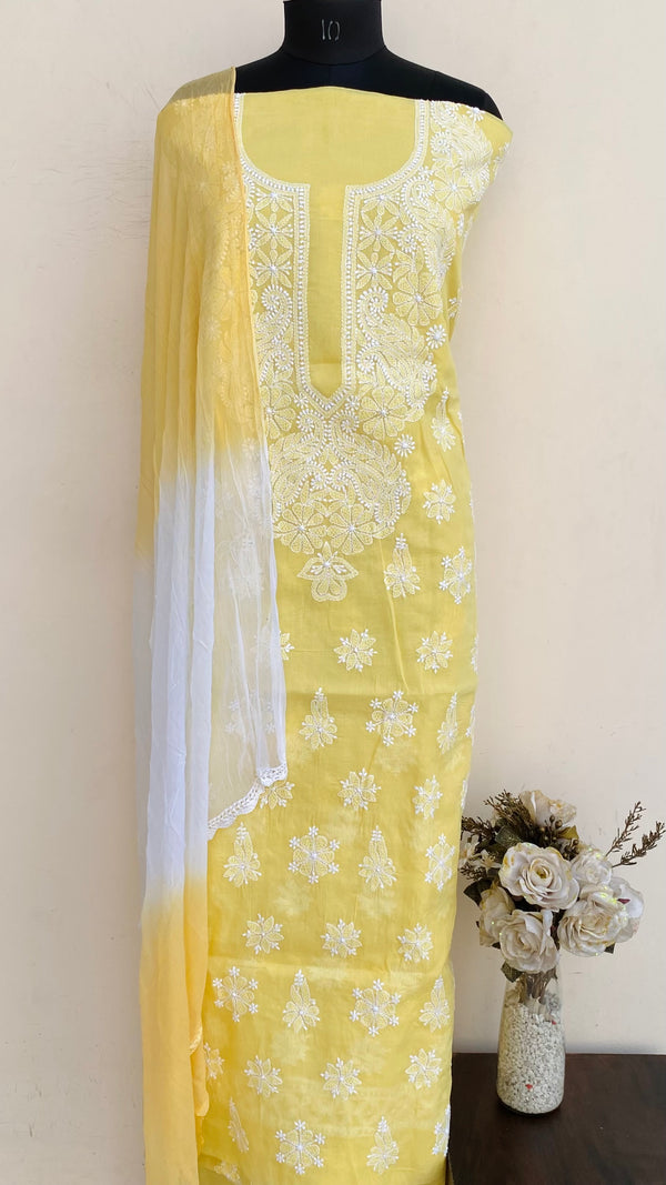 Lucknowi Chikankari Suit Length 3 Piece Yellow Cotton