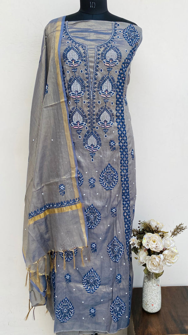 Lucknowi Chikankari Suit Length 2 Piece Blue Mal Chanderi With Pearl & Sequence Work