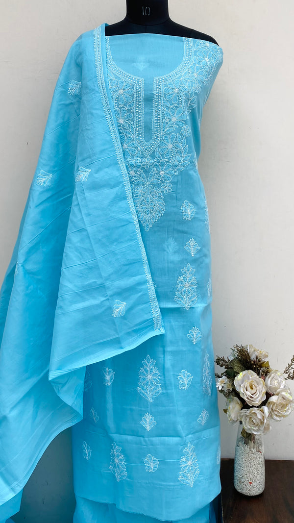 Lucknowi Chikankari Suit Length 3 Piece Blue Cotton With Embroidered Cotton Dupatta