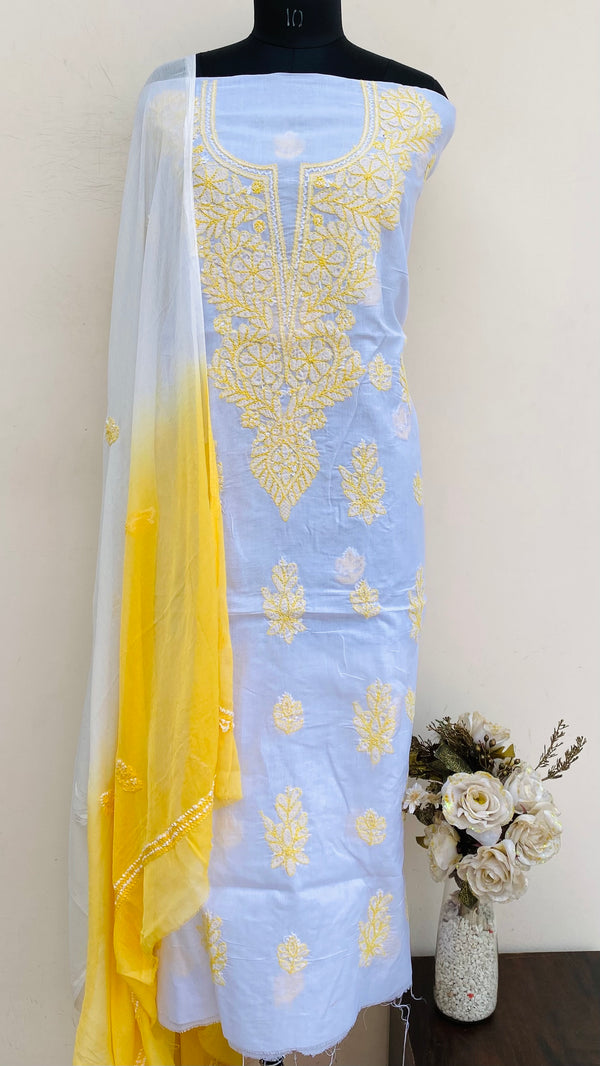 Lucknowi Chikankari Suit Length 3 Piece White Cotton