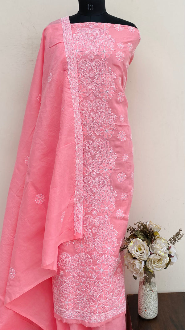 Lucknowi Chikankari Suit Length 3 Piece Pink Cotton With Embroidered Cotton Dupatta