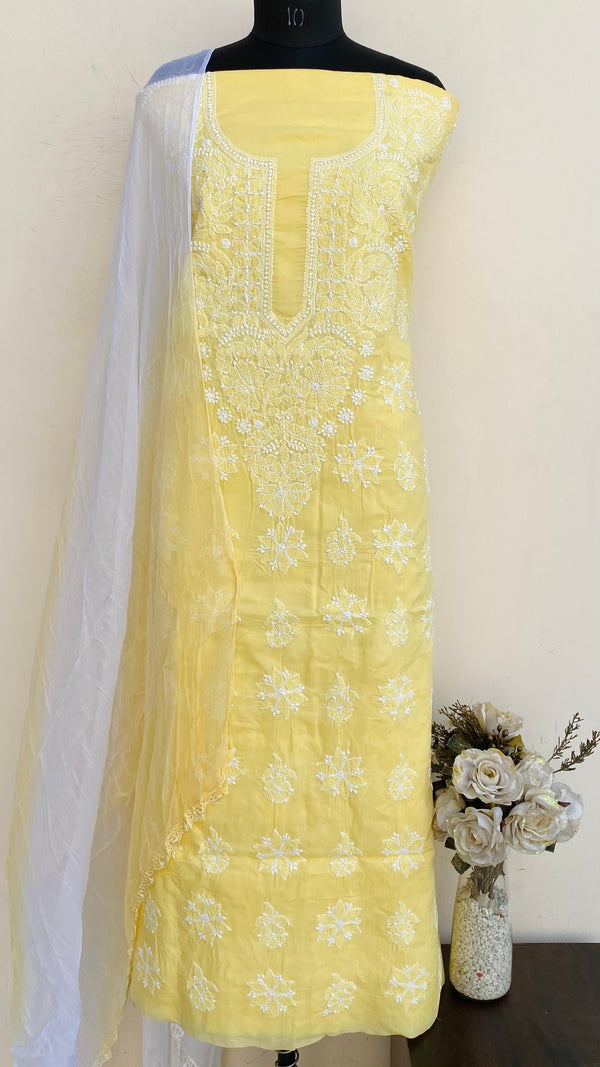 Lucknowi Chikankari Suit Length 3 Piece Yellow Cotton