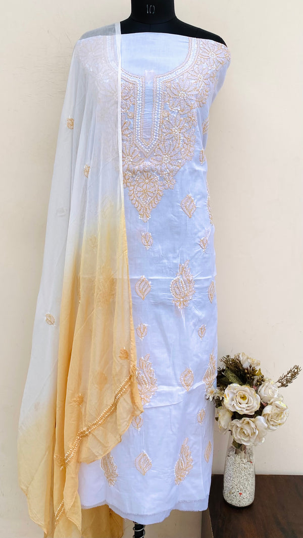 Lucknowi Chikankari Suit Length 3 Piece White Cotton