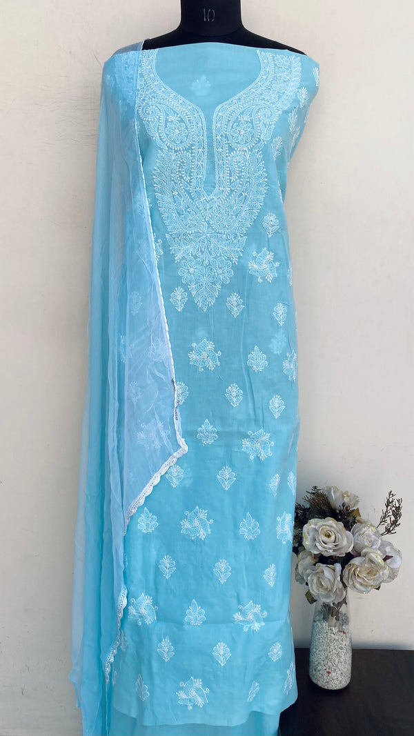Lucknowi Chikankari Suit Length 3 Piece Blue Cotton