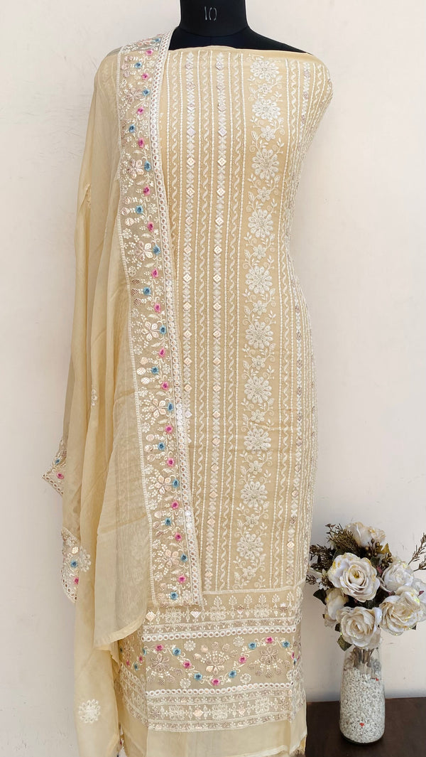 Chikankari Suit Length 3 Piece Beige Georgette With Sequence Work