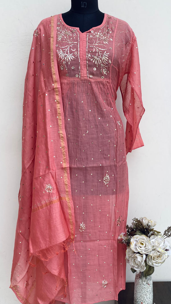 Lucknowi Chikankari Semi-Stitched Suit Length 2 Piece Gajri Mal Chanderi With Mukaish Work