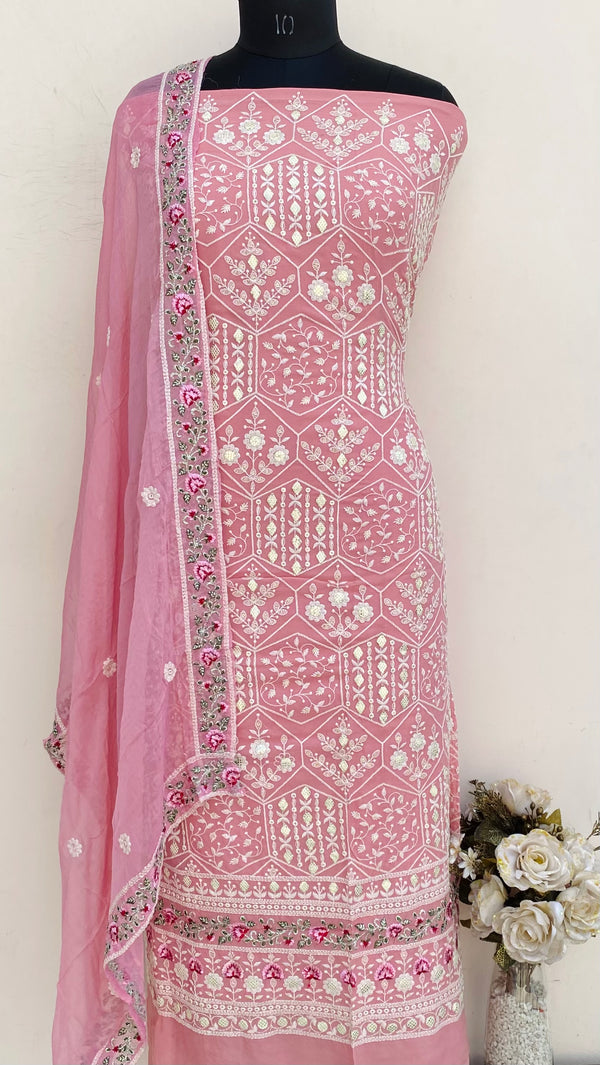 Chikankari Suit Length 3 Piece Pink Georgette With Sequence Work