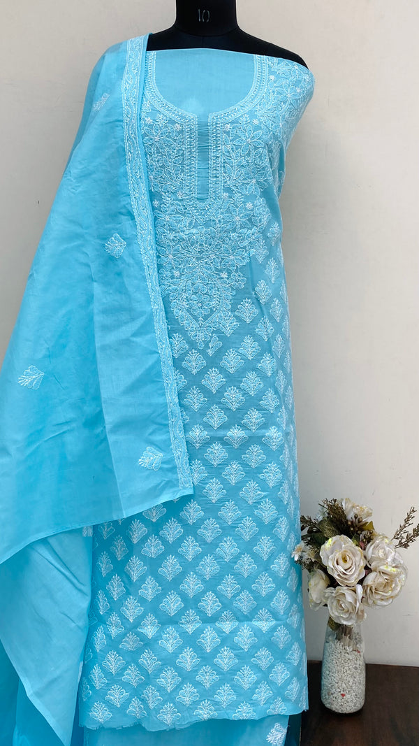 Lucknowi Chikankari Suit Length 3 Piece Blue Cotton With Embroidered Cotton Dupatta