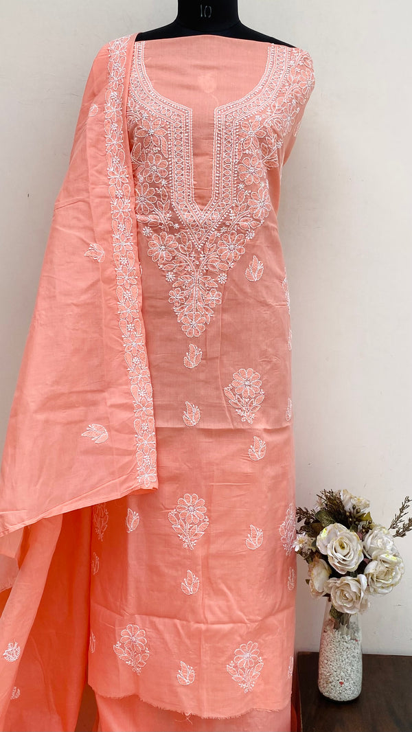 Lucknowi Chikankari Suit Length 3 Piece Peach Cotton With Embroidered Cotton Dupatta